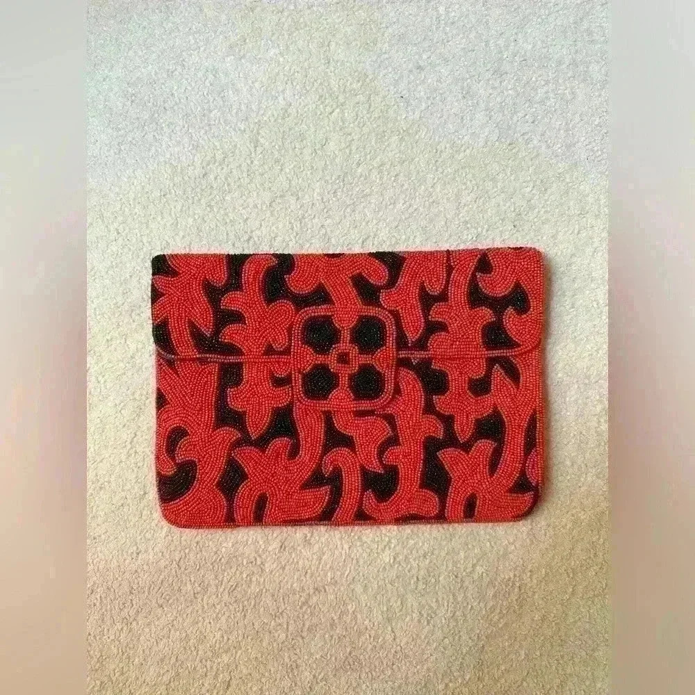 Akita Beaded Envelope Clutch in Orange and Black Pattern